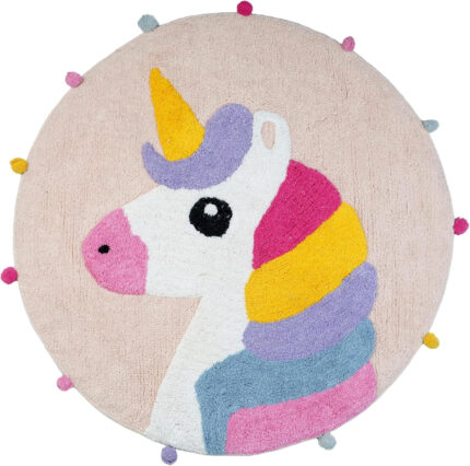 32" Pink And Yellow Cotton Unicorns Round Youthful Bath Rug - Image 1