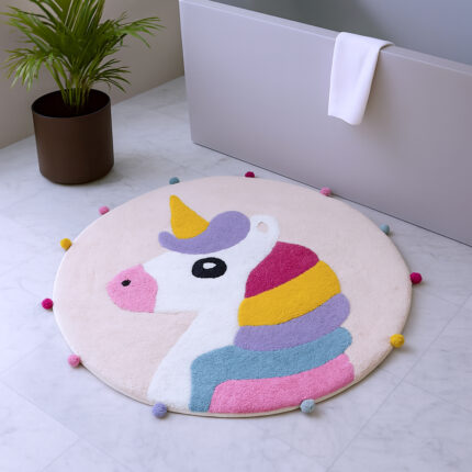32" Pink And Yellow Cotton Unicorns Round Youthful Bath Rug - Image 2