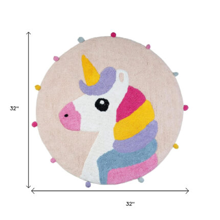 32" Pink And Yellow Cotton Unicorns Round Youthful Bath Rug - Image 5
