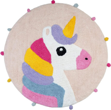 32" Pink And Yellow Cotton Unicorns Round Youthful Bath Rug - Image 3