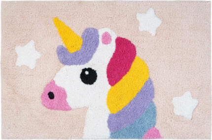 32" Pink And Yellow Cotton Unicorns Youthful Bath Rug - Image 1
