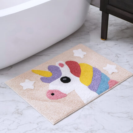 32" Pink And Yellow Cotton Unicorns Youthful Bath Rug - Image 2