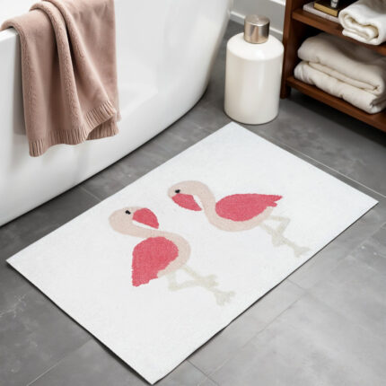 32" Pink And White Cotton Flamingo Bath Rug - Image 1