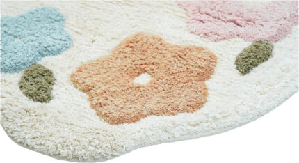 32" White Blue And Pink Cotton Hedgehog Floral Print Bath Rug - Image 3