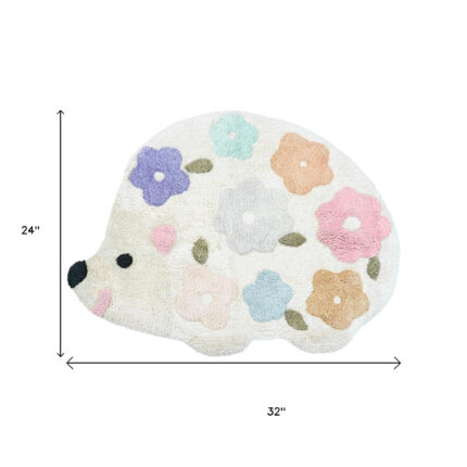 32" White Blue And Pink Cotton Hedgehog Floral Print Bath Rug - Image 5
