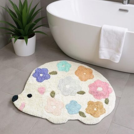 32" White Blue And Pink Cotton Hedgehog Floral Print Bath Rug - Image 2