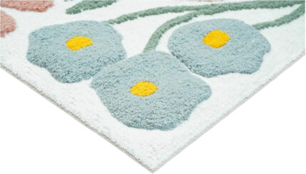 32" Light Blue Red And White Cotton Floral Bath Rug - Image 3