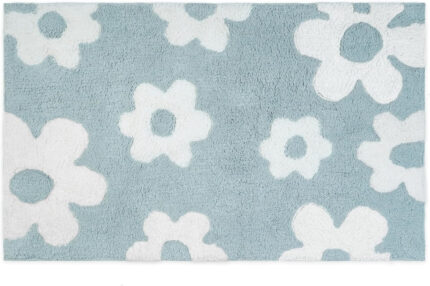 32" Blue And White Cotton Floral Bath Rug - Image 1