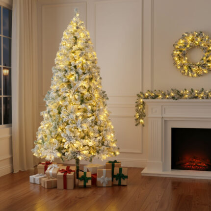 Three Piece Pre Lit Extra Full Frosted Pine Christmas Tree With Garland And Wreath Set - Image 3