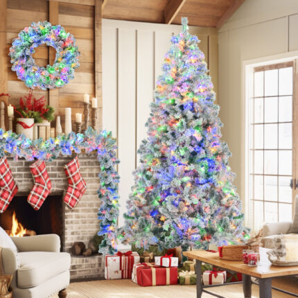 Three Piece Pre Lit Extra Full Frosted Pine Christmas Tree With Garland And Wreath Set - Image 10
