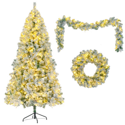 Three Piece Pre Lit Extra Full Frosted Pine Christmas Tree With Garland And Wreath Set - Image 6