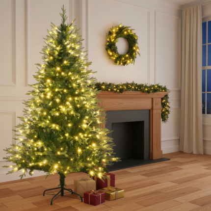 Three Piece Pre Lit Extra Full Frosted Pine Christmas Tree With Garland And Wreath Set - Image 3