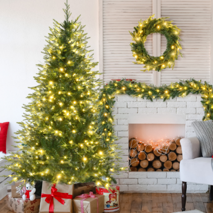Three Piece Pre Lit Extra Full Frosted Pine Christmas Tree With Garland And Wreath Set - Image 9