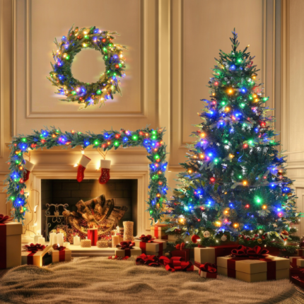 Three Piece Pre Lit Extra Full Frosted Pine Christmas Tree With Garland And Wreath Set - Image 10