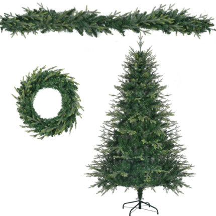 Three Piece Pre Lit Extra Full Frosted Pine Christmas Tree With Garland And Wreath Set - Image 5