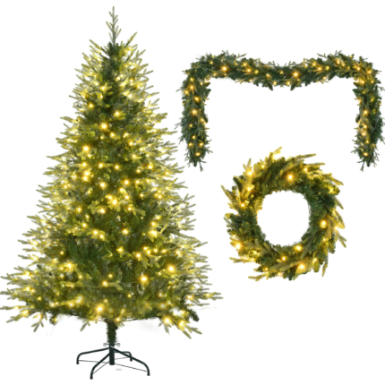 Three Piece Pre Lit Extra Full Frosted Pine Christmas Tree With Garland And Wreath Set - Image 4