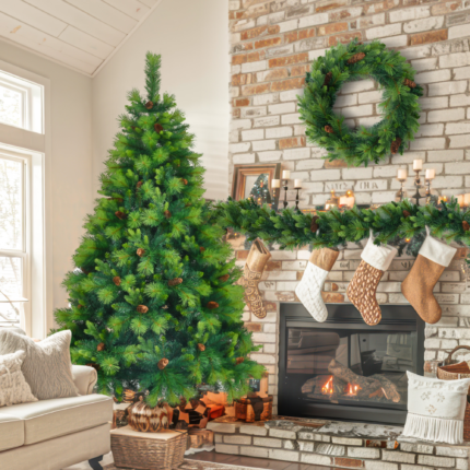 6' Pre Lit Extra Full Pine Christmas Tree With Garland And Wreath Set - Image 8