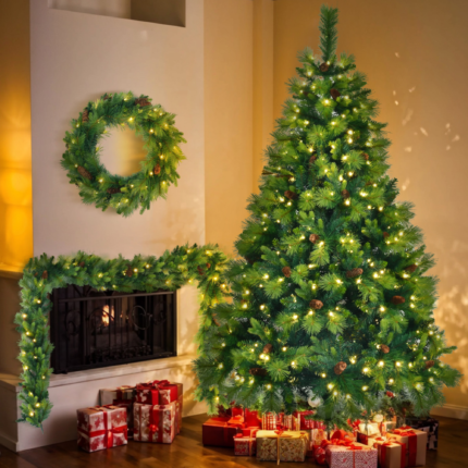 6' Pre Lit Extra Full Pine Christmas Tree With Garland And Wreath Set - Image 9