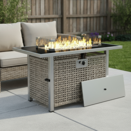 60000 BTU 45" Gray And Black Steel And Wicker Propane Fire Pit Table With Cover - Image 2