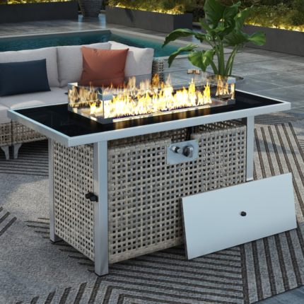 60000 BTU 45" Gray And Black Steel And Wicker Propane Fire Pit Table With Cover - Image 9