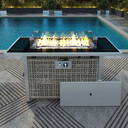60000 BTU 45" Gray And Black Steel And Wicker Propane Fire Pit Table With Cover - Image 8