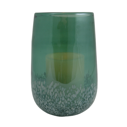 8" Green And White Glass Tabletop Hurricane Candle Holder With Candle - Image 1